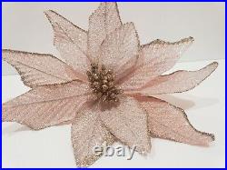 (12) Christmas Rose Gold Pink Glitter Ornament Flower Stem Tree Pick Decor