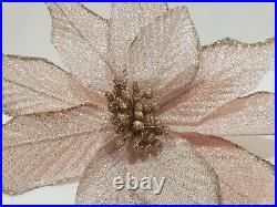 (12) Christmas Rose Gold Pink Glitter Ornament Flower Stem Tree Pick Decor