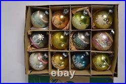 12 Vintage Shiny Brite Glass Ornaments Christmas Glitter Designs Sayings & Box