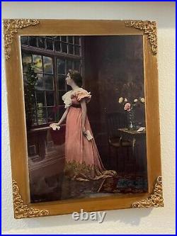 1898 Ullman Mfg Co print under glass Colorized Woman by Window Letter In Hand