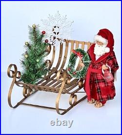 1950's Hand Crafted Vintage Christmas Large Gold Metal Sleigh Including Santa