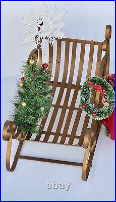 1950's Hand Crafted Vintage Christmas Large Gold Metal Sleigh Including Santa