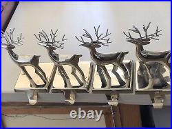 2010 Crate & Barrel Shiny Silver Tone Reindeer Stocking Holder Hook Set Of 4