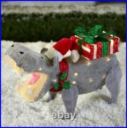 2 FT Christmas lighted tinsel fabric Hippo carrying gift box yard decor LED