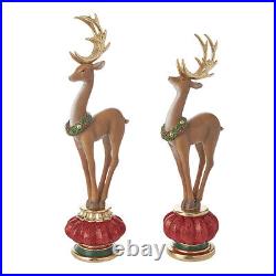2-PK 20.75 REINDEER ON RED STAND with Green Wreath Christmas RAZ 4210286 NEW