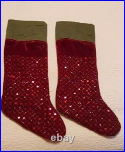 2 Pottery Barn Christmas Stockings Red Green Velvet Beads Sequins No Mono RARE