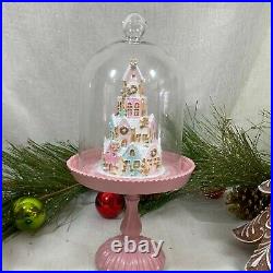34th & Pine Sugar Pastel Gingerbread House Stand Glass dome Cloche Holiday New