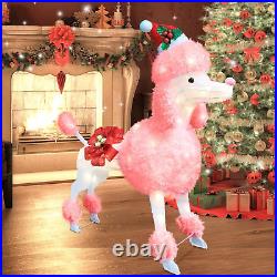 35In Christmas Decoration Pink Dog with Lights, Hairy Poodle Outdoor Decoration L