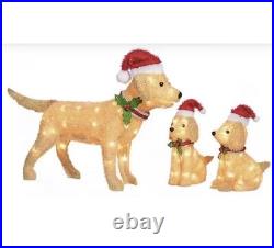 3 Dog Family Puppies Christmas LED Light Up Fluffy Doodle Decor Santa Hats Yard
