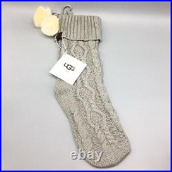 3 UGG HOME Christmas Gray Cable Knit Stocking Set Fur Ivory Pom Poms Luxury NEW