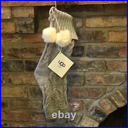 3 UGG HOME Christmas Gray Cable Knit Stocking Set Fur Ivory Pom Poms Luxury NEW
