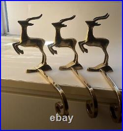 3 Vintage MCM Brass Prancing Reindeer Christmas Stocking Hanger Holder Long Arm