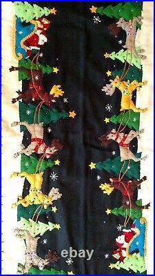 45 Handmade Wool Flannel Embroidered SANTA & Reindeer CHRISTMAS TABLE RUNNER