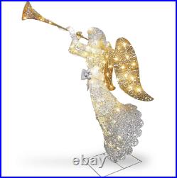 48 Silver Sisal Angel With Trumpet LED Lighted Sculpture Christmas Yard Decor