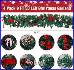 4 Pack 9 FT LED Christmas Garland with Pinecones Red Berries Bows Christmas Ball