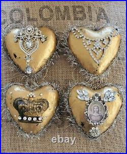 4 pc Ornament lot vtg Gold hearts + Rhinestone jewelry Madonna RELIGIOUS tinsel