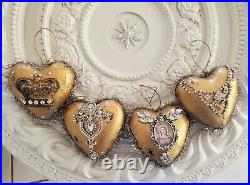 4 pc Ornament lot vtg Gold hearts + Rhinestone jewelry Madonna RELIGIOUS tinsel