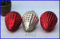 5Vintage Look 3Pc RED & Silver Cluster of Grapes Glass Kugel Christmas Ornament