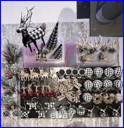 66 Pieces Christmas Tree Ornaments Lot Black and White Plaid Theme Reindeer