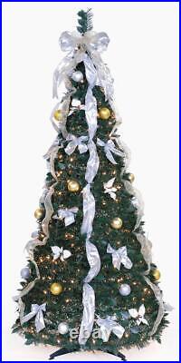 6Ft Pre Lit Pop Up Pull Up Decorated Christmas Tree 350 Clear Lights Gold Silver