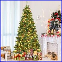 6Ft Pre-lit Hinged PE Artificial Christmas Tree with LED Lights & Pine Cones US