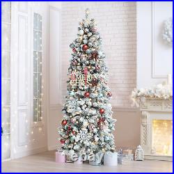 6.5FT Snow Flocked Christmas Tree, Prelit Pencil Christmas Tree, Artificial Chri