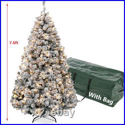 6.5ft/7.5ft Artificial Pre-lit Christmas Tree Snow White Flocked Hinged Bushy