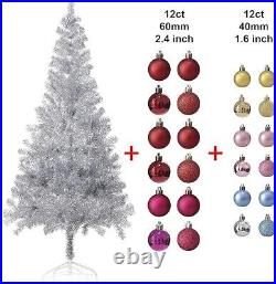 6 ft Artificial Silver Christmas Tree with 24ct Ornament Set, Metal Stand