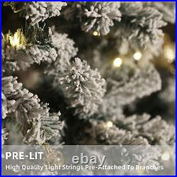 6ft/7.5ft Pre-lit Artificial Christmas Tree Snow White Flocked Hinged Bushy Tree