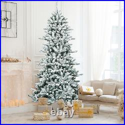 7FT Snow Flocked Christmas Tree Hinged Fir Tree with Pine Cones Metal Stand