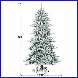 7FT Snow Flocked Christmas Tree Hinged Fir Tree with Pine Cones Metal Stand