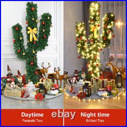 7Ft Pre-Lit Artificial Cactus Christmas Tree withLED Lights and Ball Ornaments