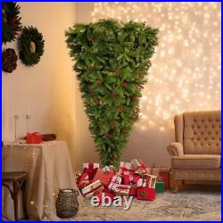 7.4ft Artificial Upside Down Green Christmas Tree with with Fake Red Berries Decor