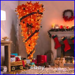 7.5 FT Orange Upside Down Christmas Tree with 300 LED Warm Lights X-mas Ribbon