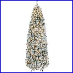 7.5ft Prelit Snow Flocked Artificial Christmas Tree Pencil Fir Tree with Stand