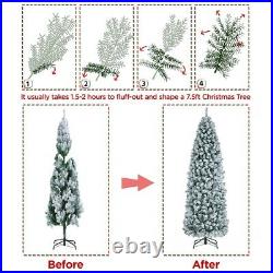 7.5ft Prelit Snow Flocked Artificial Christmas Tree Pencil Fir Tree with Stand