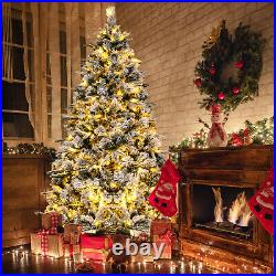 7' Pre-Lit Flocked Christmas Tree Hinged Xmas Decoration with 300 LED Lights