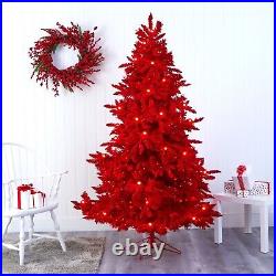7' Red Flocked Artificial Christmas Tree with500 LED's 40 Globe Bulb. Retail $610