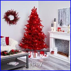 7' Red Flocked Artificial Christmas Tree with500 LED's 40 Globe Bulb. Retail $610