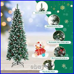 7ft Pre-lit Artificial Hinged Pencil Christmas Tree Decorated Snow Flocked Tips