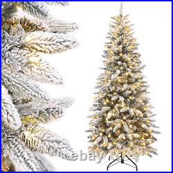 84 Pre-Lit Pencil Christmas Tree with Flocked Snow LED Lights Artificial Xmas