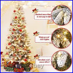 84 Pre-Lit Pencil Christmas Tree with Flocked Snow LED Lights Artificial Xmas