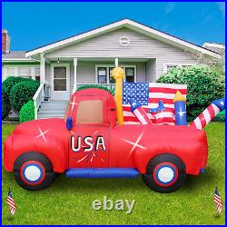 8 FT 4Th of July Inflatables Outdoor Decorations, Car with Build-In Leds USA Blow