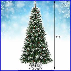 8 FT Artificial Christmas Tree Snow Flocked Hinged Tree with Red Berries
