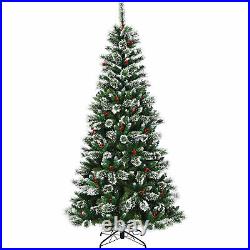 8 FT Artificial Christmas Tree Snow Flocked Hinged Tree with Red Berries