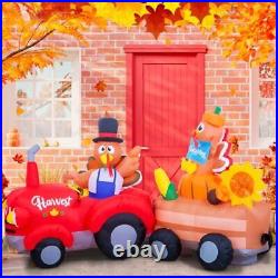8 FT Thanksgiving Inflatables Happy Turkeys on Tractor LED Lights Blower