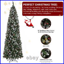9FT Pencil Christmas Tree Pre-Lit Artificial Xmas Tree Berries Warm Light Decor