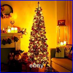 9FT Pencil Christmas Tree Pre-Lit Artificial Xmas Tree Berries Warm Light Decor