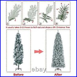 9ft Prelit Snow Flocked Artificial Christmas Tree Pencil Fir Spruce Tree withStand