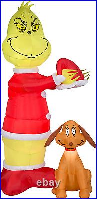 Animated nflatable Grinch Putting Santa Hat on Max Scene 6 Ft Tall